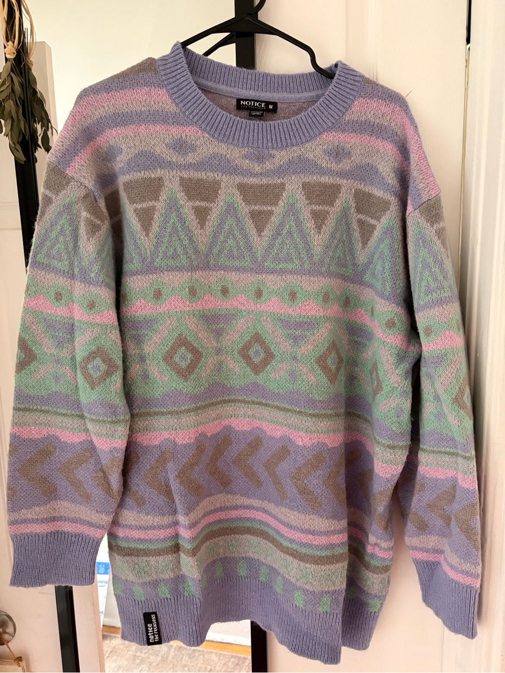 NOTICE Lavender Crewneck Sweater with Pastel Geo Pattern